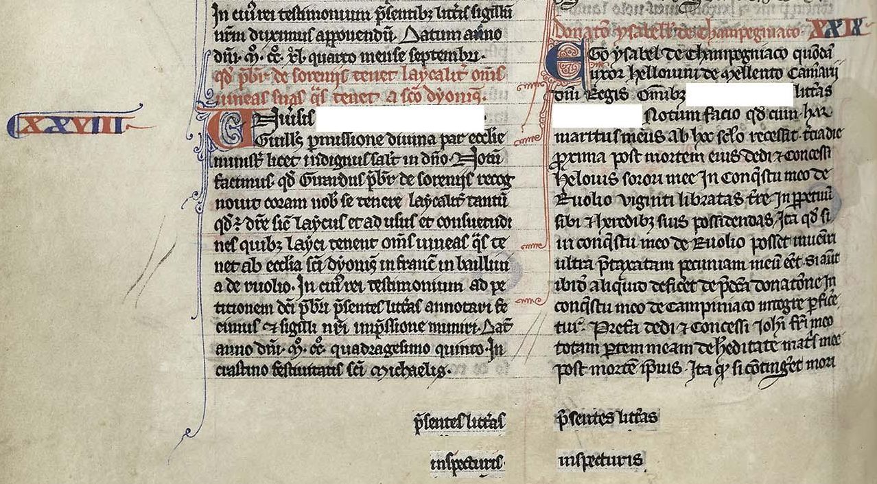 Cartulaire blanc, tome 1 (LL1157), page 510, bas de la page : derrière une forte apparence d’homogénéité, l’analyse paléographique montre, dans le premier noyau, la succession de deux mains, qu’oppose nettement la forme du –s final, long ou rond.